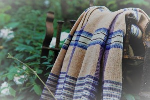 Narrow Width welsh blanket in Honey, Violet  & Navy Blue plaid NL214